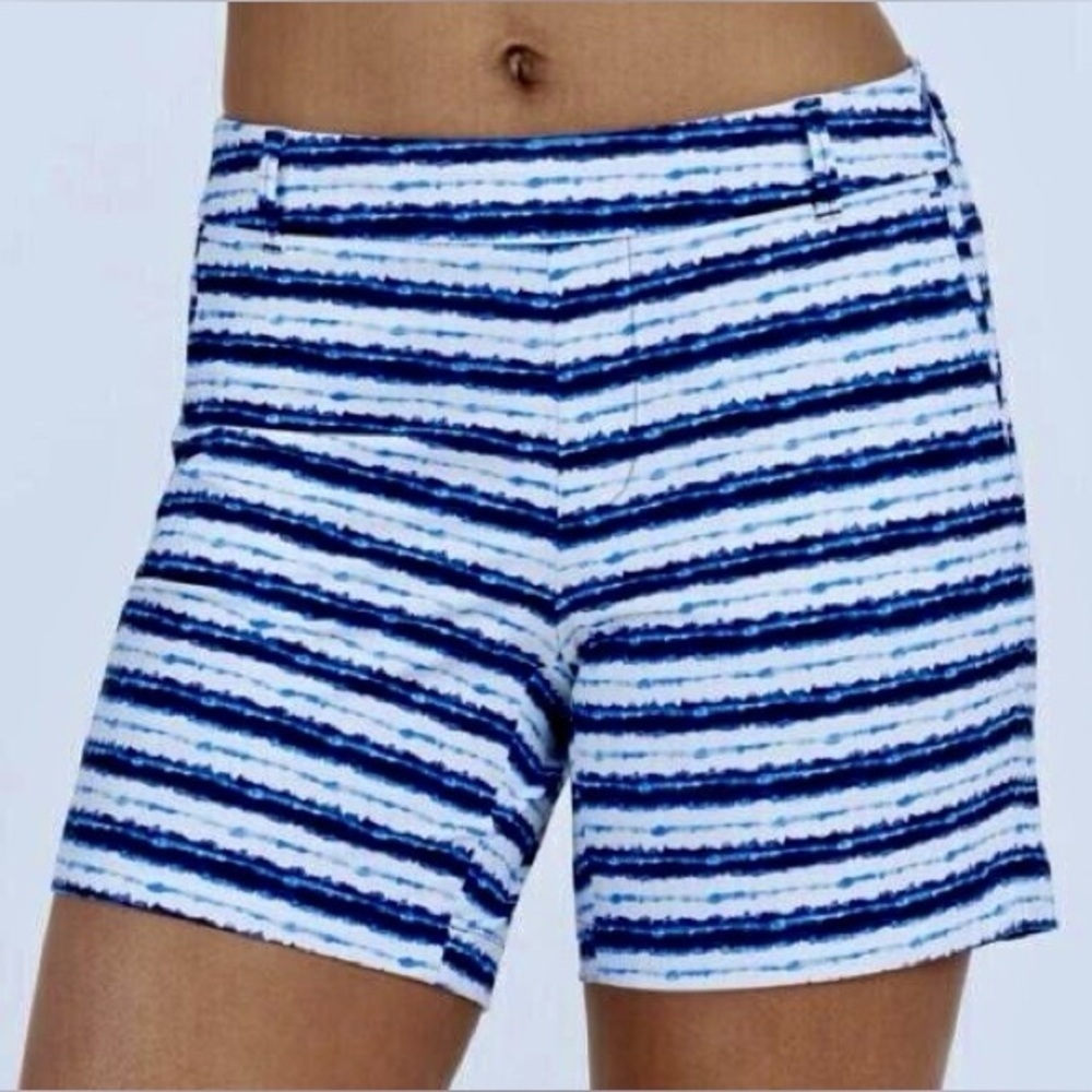 SPANX Sunshine Shorts 6" Blue White Painted Stripe Pull On Sz Medium